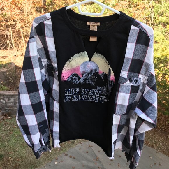 Reworked Buffalo Plaid Tee, Size M-L: Upcycled Oversized Mountain Graphic Shirt - Picture 9 of 11